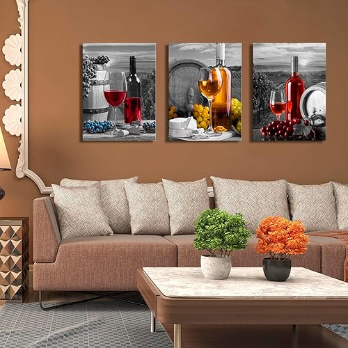 Miniatura 6 de YUANAND Arte de pared de frutas de vino, decoración de cocina, copas de vino tinto y barril de uva, ilustraciones modernas, cuadros listos para