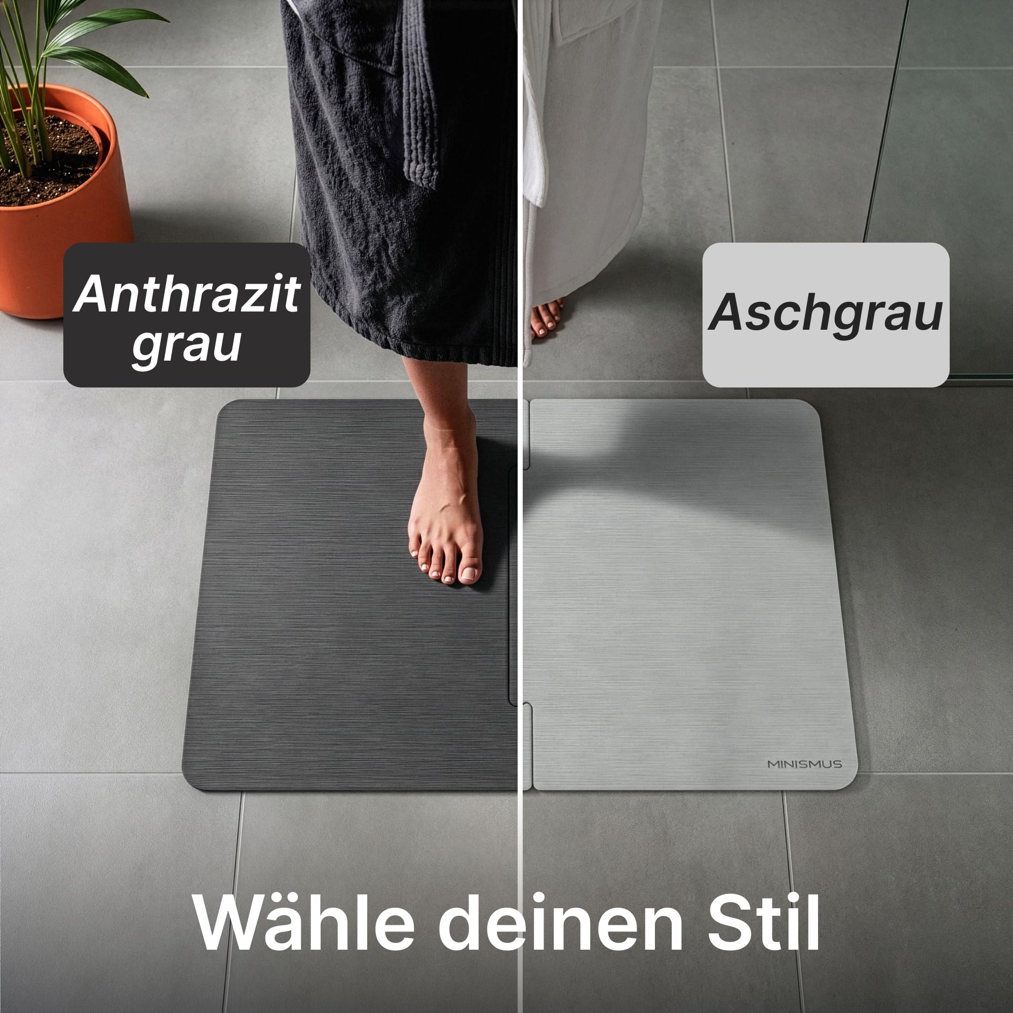 Minismus Badematte Diatomit Puzzle Schnelltrocknend, Dunkelgrau 80x50cm | Diatomit, Duschvorleger schnelltrocknend, saugfähig, rutschfest, modular erweiterbar, XL-Größe, für Bad und Dusche