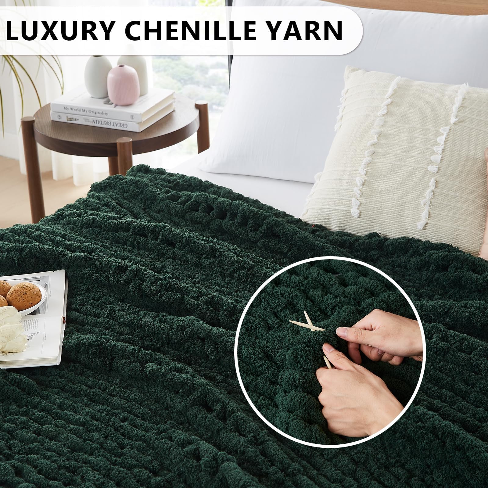 L'AGRATY Chunky-Strickdecke Olivgrün (150x200 cm), Weiche Chenille-Garn Wurfdecke, Handgemachte Zopfstrick-Decke, Kuschelige Häkeldecke für Sofa, Bett & Wohnkultur
