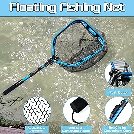 PLUSINNO Floating Fishing Net for Steelhead, Salmon, Fly, Kayak, Catfish, Bass, Trout Fishing, Rubber Coated Foldable Landing Net with Telescoping Pole Handle, Fishing Gear and Gifts for Men (1.0M)