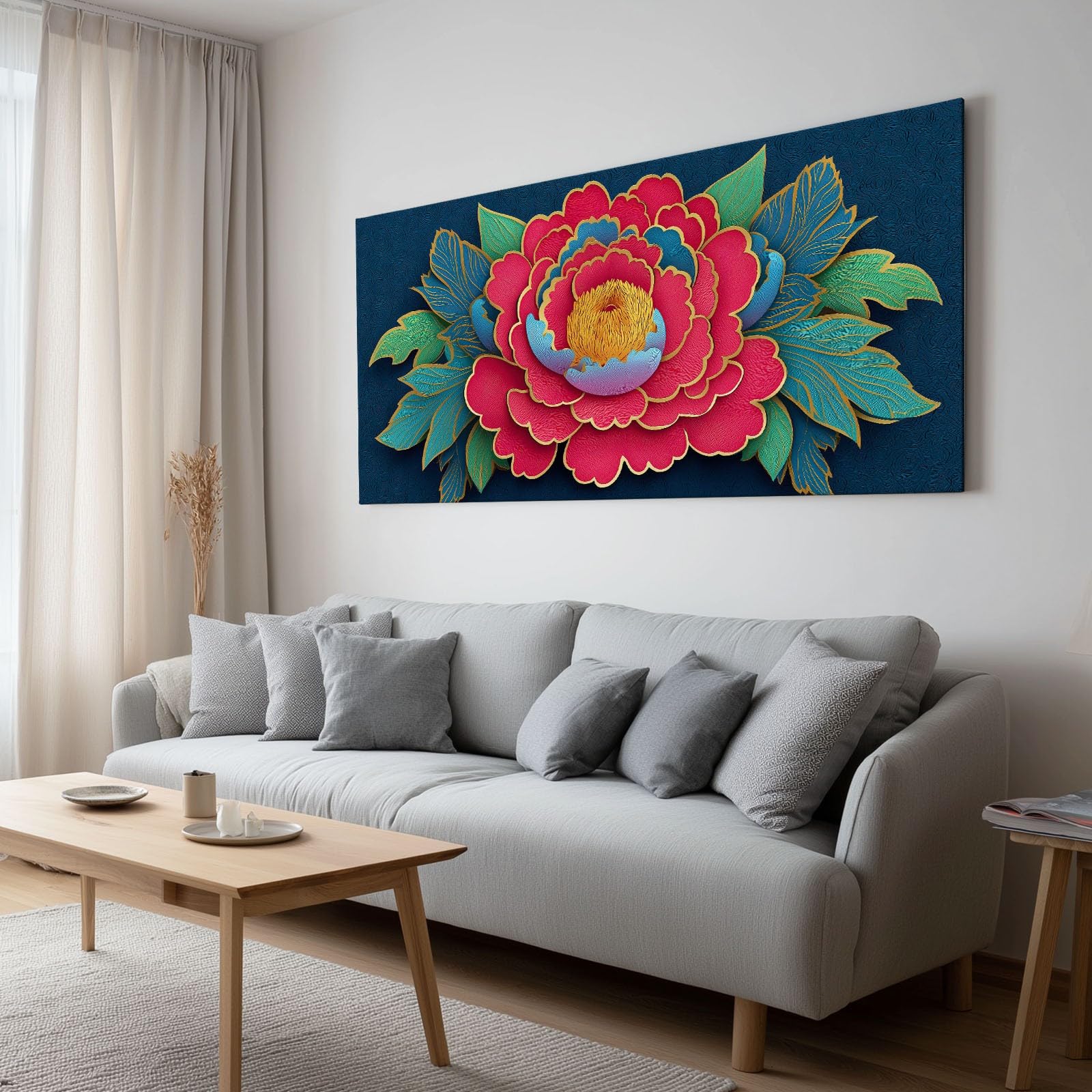 Vintage Botanisch Floral Blätter Modernes Leinwandbild 140L x 70B cm mit Rahmen, Orientalisch Traditionell XXL Wanddeko für Wohnzimmer Geschenk Idee Einzug - Hochwertiger Kunstdruck auf Holzrahmen