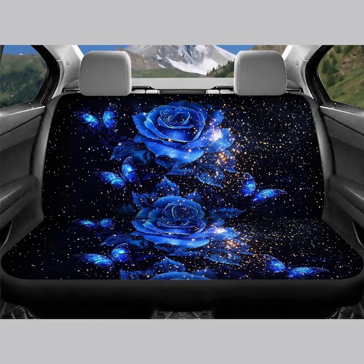 COEQINE Boho Car Seat Covers Full Set 4 Piece Blue Rose Galaxy Vintage Floral Printed Automotive Seat Cover for Cars Trucks and SUVs，Full Back and Seat Cushion for Driver or Passenger