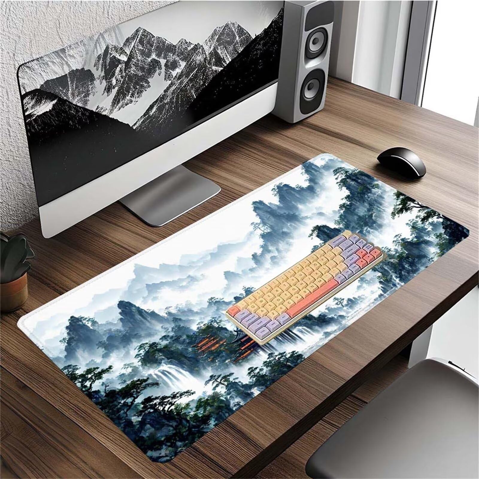 Alfombrilla Ratón Montaña Paisaje Alfombrilla Ratón XXL 1400x600x3mm Mouse Pad Resiste Salpicaduras, Extendida de Gran Tamaño con Bordes Cosidos, Mejora la Precisión y la Velocidad, Duradera y-417