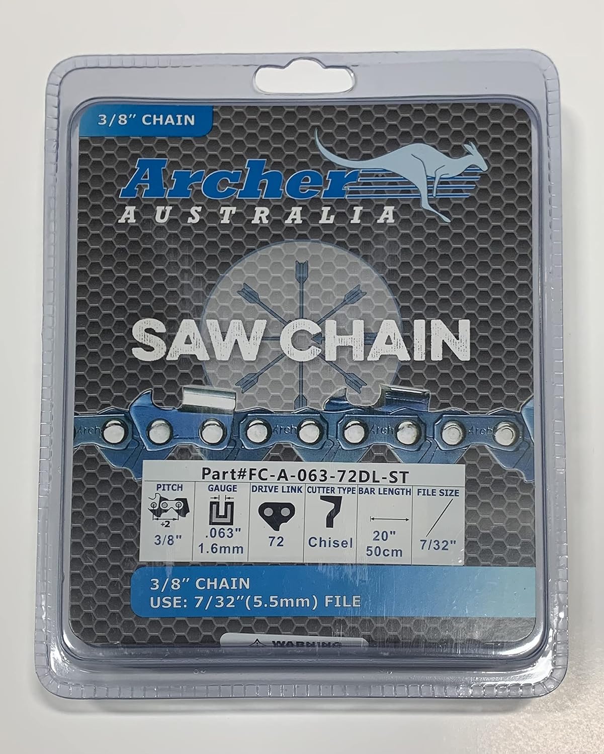 20" Archer Chainsaw Chain 3/8"-063-72DL FULL CHISEL SKIP-TOOTH .063 Gauge 3/8" Pitch This chain replaces Stihl part number 36RSC 72 and Oregon 75LGX072G.