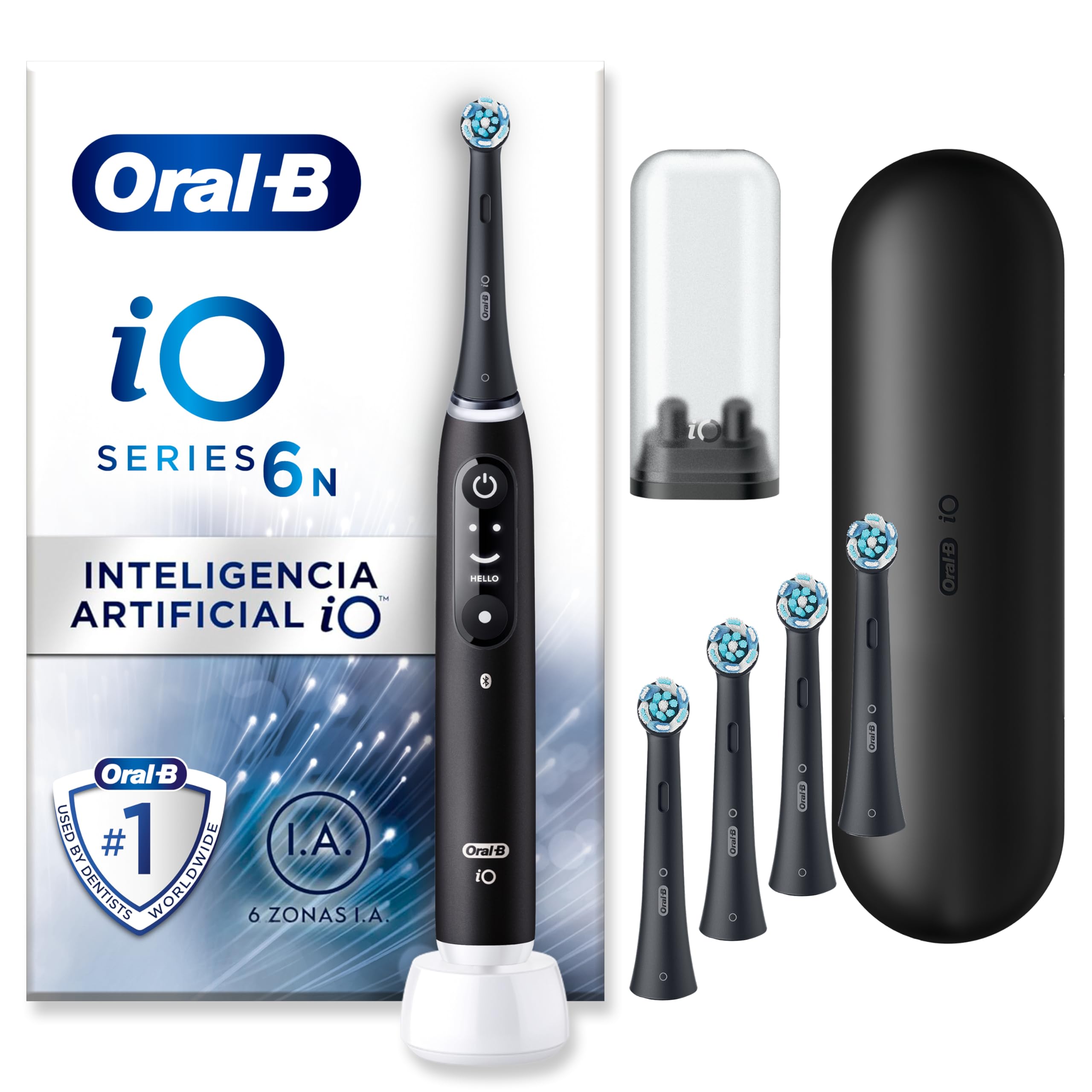 Oral-B iO 6N Cepillo de Dientes Eléctrico con 5 Cabezales, Negro | Cepillo Dental con Estuche de Viaje, Recambios Ultimate Clean, Portarrecambios, 5 Modos de Cepillado