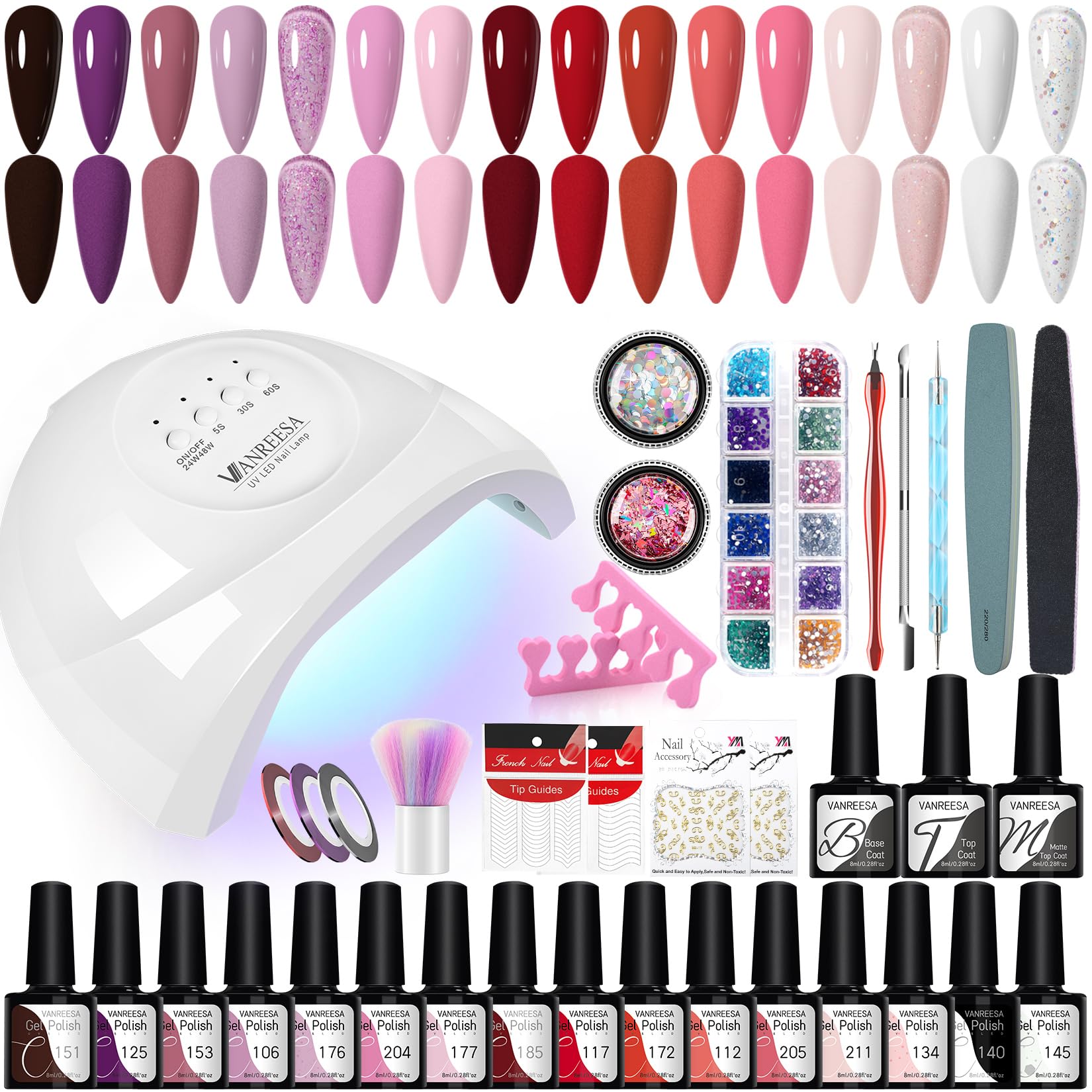 VANREESA Kit Uñas Semipermanentes 16 Colores Uñas Semipermanentes Kit Completo con Lámpara U V 48W Kit Manicura Semipermanente con Mate Top Base Coat
