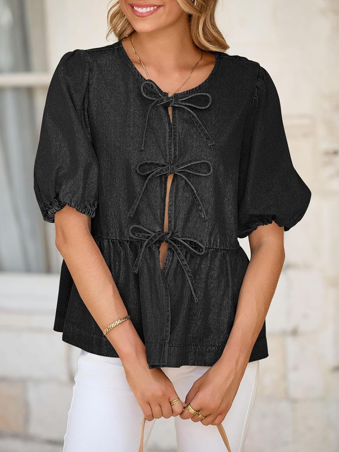 Tankaneo Womens Denim Tie Front Tops Babydoll Peplum Puff Sleeve Jean Shirts Crew Neck Summer Casual Bow Blouses - Image 6