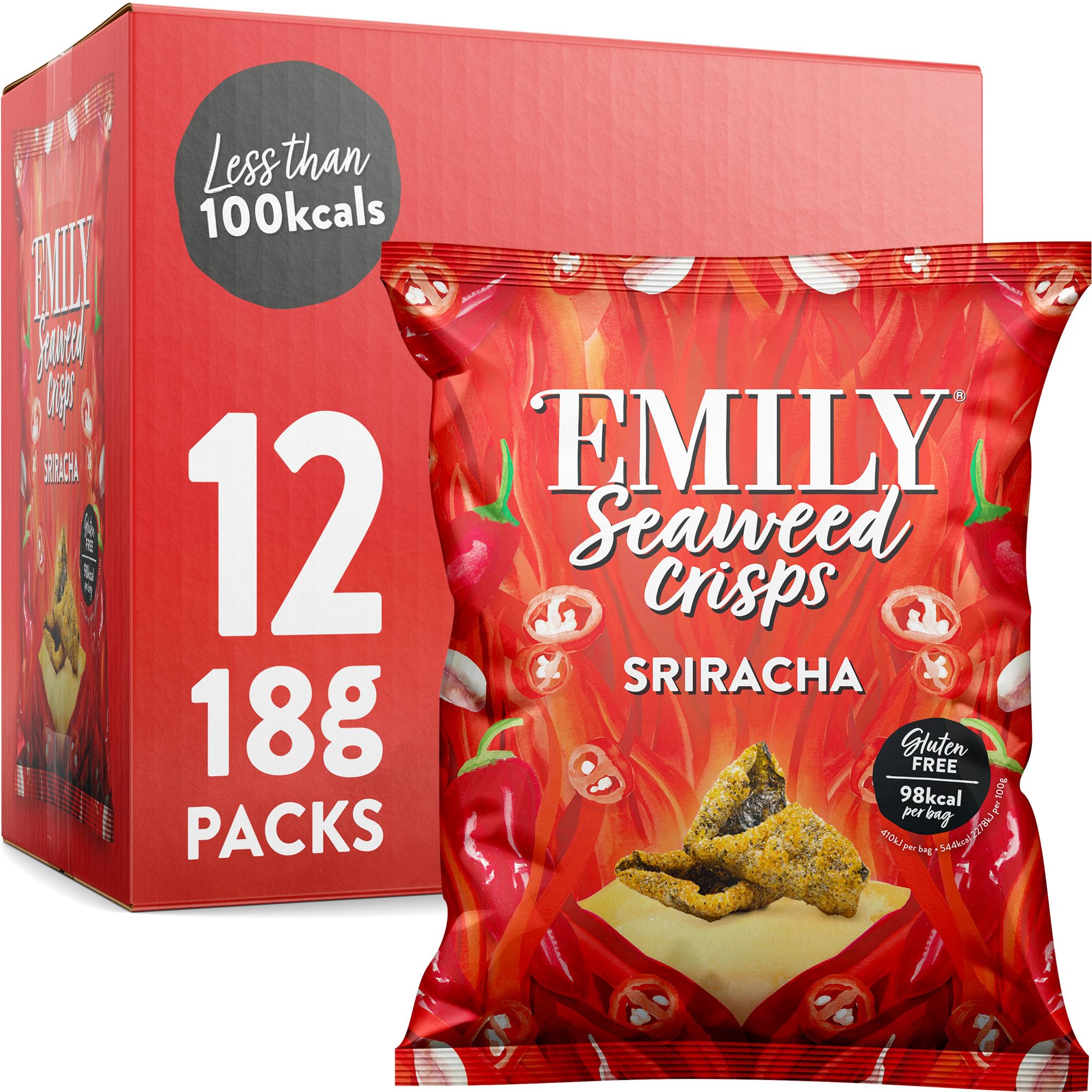EMILY Seaweed Crisps Sriracha Flavour | Healthy Nori Snack | Source of Iodine, High Fibre | Gluten-Free, Vegan Friendly | Perfect for Snacking & Parties | 12 x 18g Packs