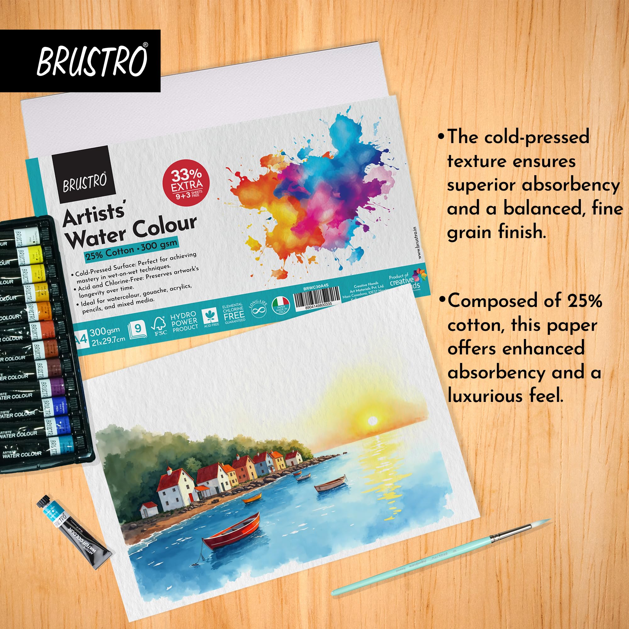 BRUSTRO Artists 25% Cotton Watercolour Paper| 300 GSM,Size A4, Cold Pressed | Pack of 12 Sheets | Ideal for Artist, Professional Drawing, Painting Dry & Wet, Fine Arts Students — Amazon image 5