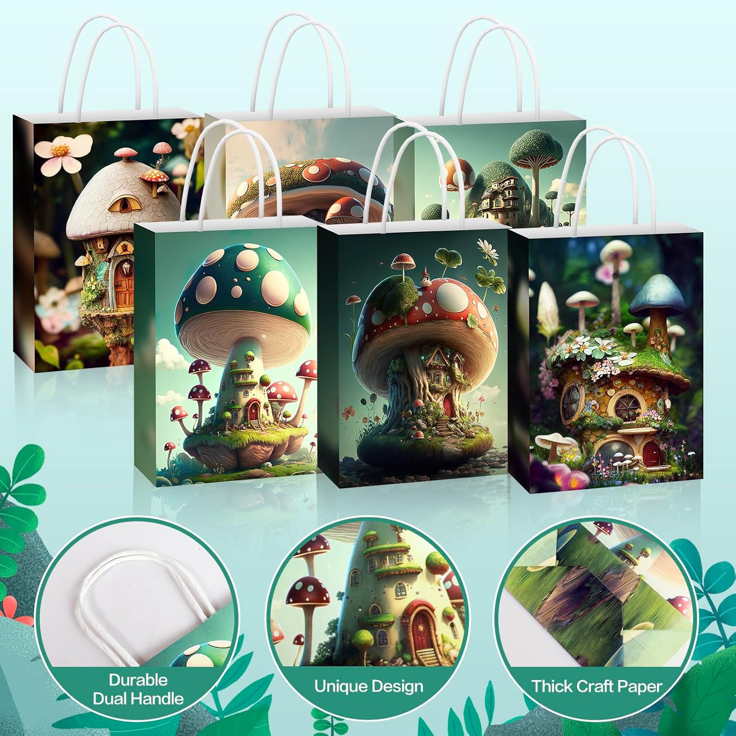 paeyaer 12-Packs Mushroom Gift Bags with Handles - 6 Different Fairy House Kraft Paper Bags - Perfect as Goodie Bags, Birthday Gift Bag, Jungle Party - Image 3