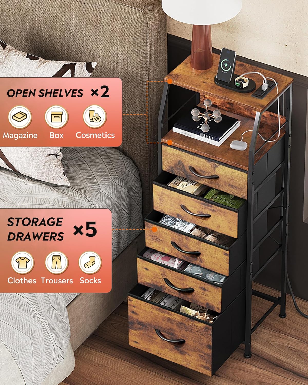 WLIVE LED Nightstand with Charging Station, Fabric Dresser with 5 Drawers for Bedroom, Tall Night Stand with Open Shelves, Bed Side Tables Living Room, Rustic Brown - Image 6