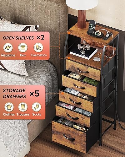 Miniatura 6 de WLIVE Mesita de noche LED con estación de carga, cómoda de tela con 5 cajones para dormitorio, mesita de noche alta con estantes abiertos, mesas