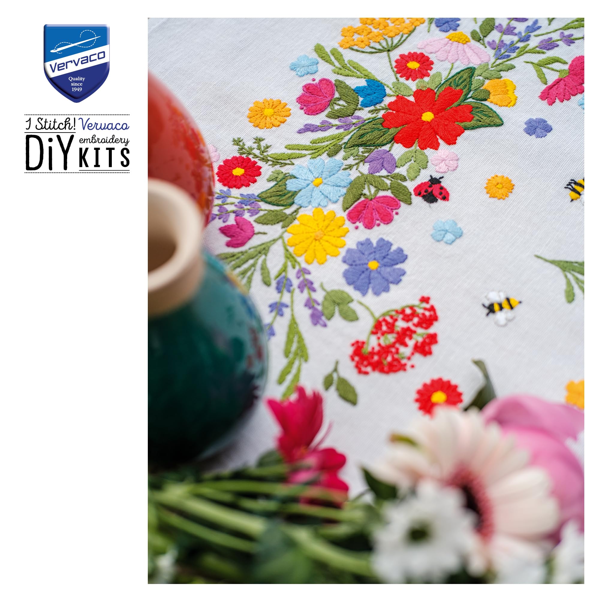 VERVACO Zestaw do Haftu Obrusu z Nadrukiem Zestaw do Haftu Obrusu Haft Płaski KOLOROWY ŚWIAT KWIATÓW Zestaw Kreatywny dla Dorosłych 72 x 72 cm DIY Dekoracja Stołu ze Zmywalnym Wzorem Emrboidery Kit