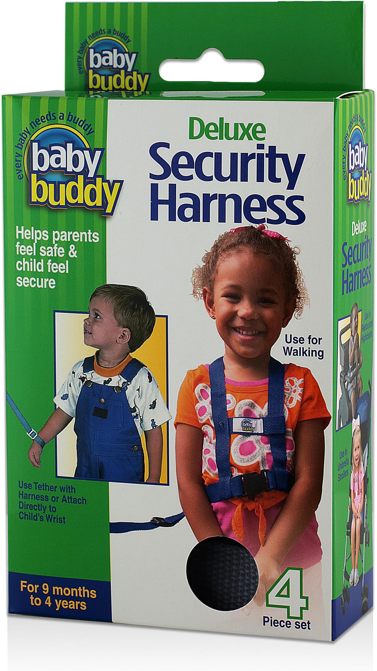 Deluxe Safety Harness, Secures Babies 9 Months Old Through Toddler 4 Years Old, Keeps Child Safely at Your Side, Attaches to Stroller, Shopping Cart, or Booster Seat, Black, 4 Piece Set