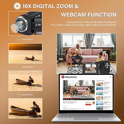 Miniatura 3 de Cámara de video QHD 2.7K 56MP 16X Zoom digital Vlogging Cámara con luz de relleno LED para YouTube, 2.8 pulgadas 270 grados de rotación LCD