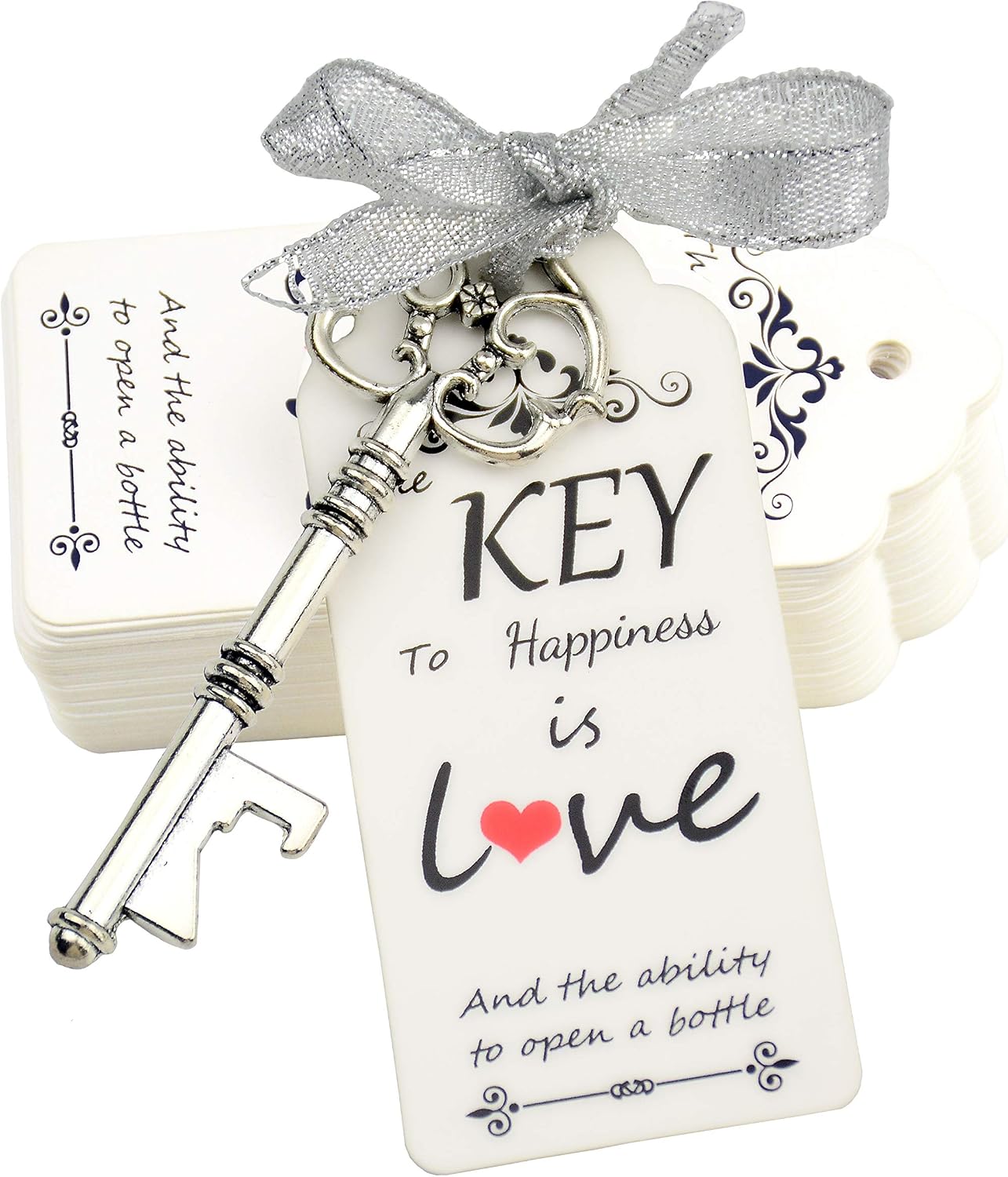 Makhry 52pcs Skeleton Key Bottle Opener Wedding Favors for Guests Personalized Souvenir Set with Thank You Gift Cards and Ribbons for Wedding Bridal Shower Party Favors(Antique Silver)