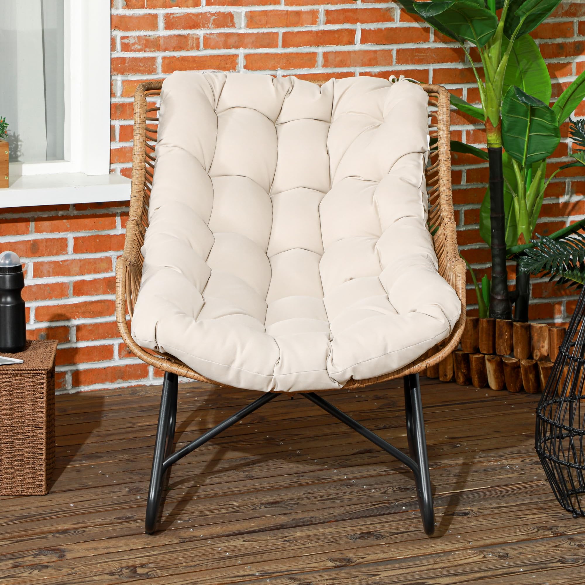 Outsunny Rattansessel mit Dicke Kissen Bänder Stahlrahmen, gepolsterter Outdoor Sessel aus Polyrattan, Korbsessel bis 120kg, Gartensessel Gartenstühle für Garten Balkon Veranda Terrasse Khaki