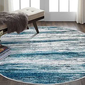 KOZYFLY Round Washable Rugs 6Ft Modern Abstract Ombre Rug for Bedroom, Washable Circle Rug Non-Slip Soft Striped Living Room Area Rug, Print Distressed Blue Carpet for Laundry Nursery