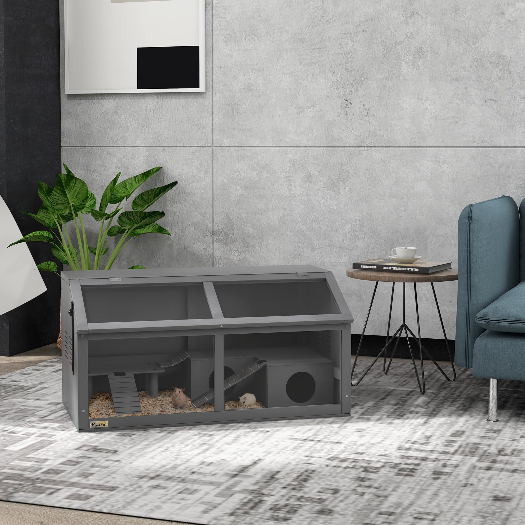 PawHut Wooden Hamster Cage, Hamster Habitat, Small Animal Cage Playhouse for Gerbils Mice with Suspension Bridge, Ladders, Openable Top, Hut, 33.5 in. x 18 in. x 17 in.