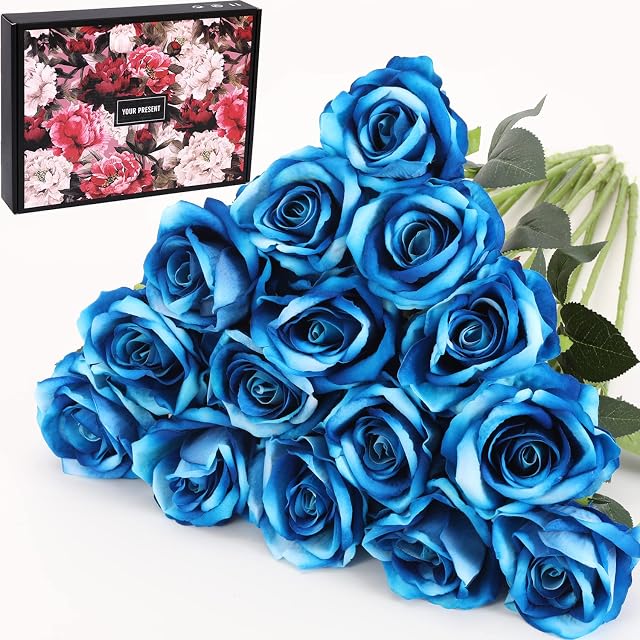 Cloudecor 15Pcs Artificial Roses Velet Real Touch Single Stem Fake Rose Silk Realistic Flowers Bridal Bouquet Arrangements Home Office Garden Grave Party Wedding Decoration (Blue-15p)
