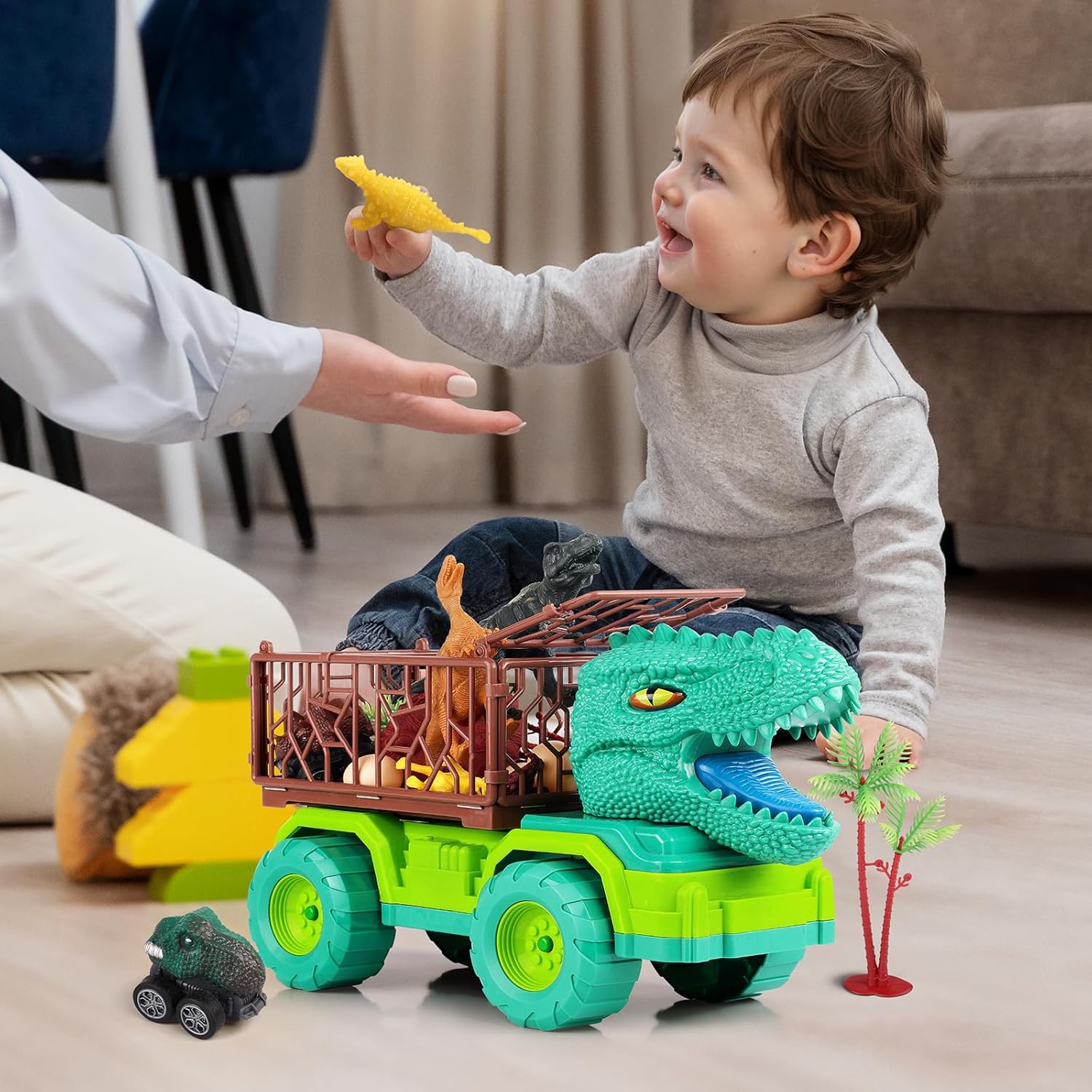 18 in 1 Dinosaur Toys for Kids 3-5, Dinosaur Truck Toys for Kids with 2 Pull Back Cars, 8 Dino Figures, Birthday Party Favors&Christmas Presents for Boys and Girls