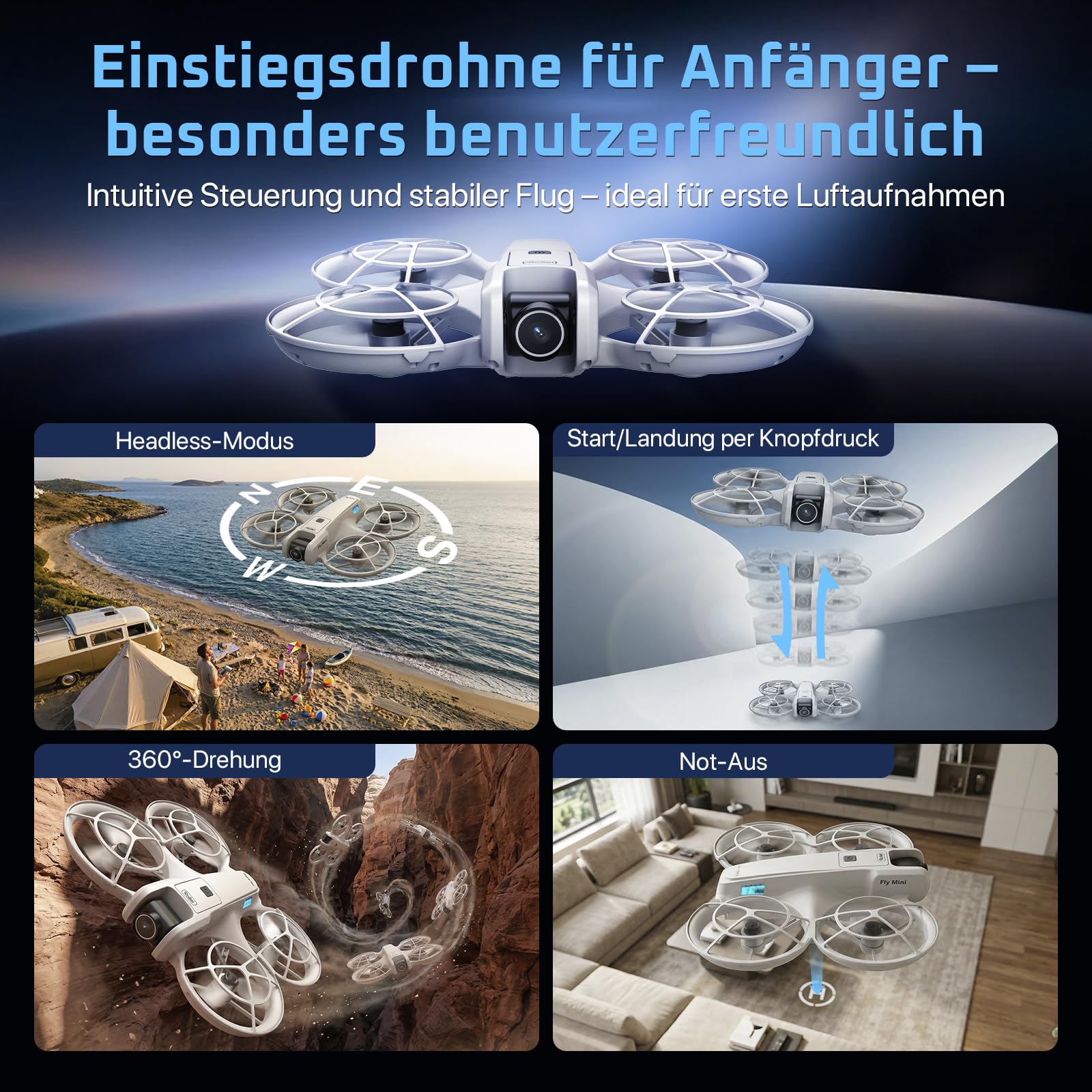 Rollei Fly Mini Drohne mit 720P Kamera RC Drone Quadrocopter mit Headless Modus 360° Drehung Steuerung per Fernbedienung und APP Unter 250 g für Einsteiger und Hobbyanwender Drohne-Drone-Quadrocopter