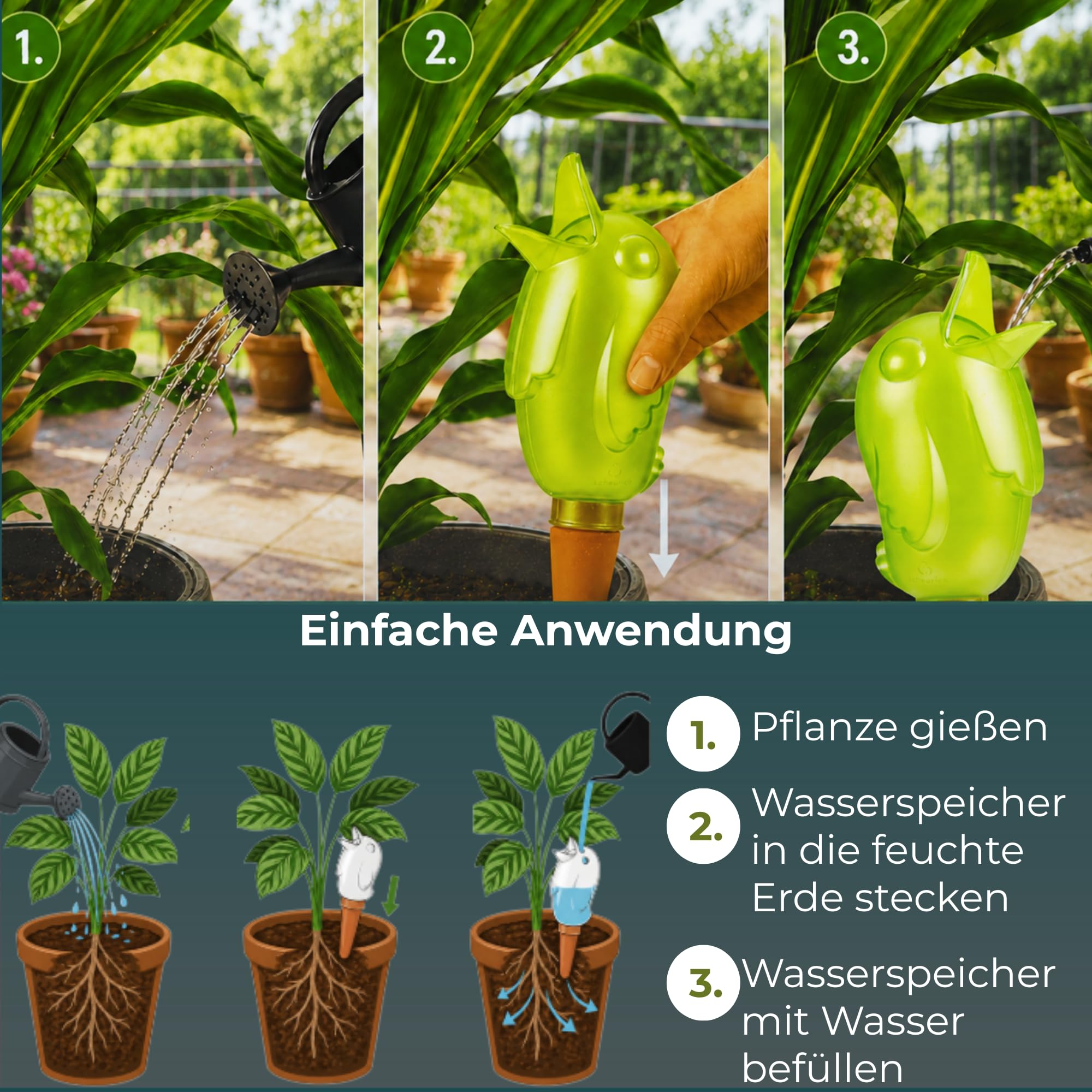 Scheurich Wasserspender XL Grün 4 Stück - 620ml Wasser für bis zu 7 Tage Green Pearl Höhe 29 cm mit Tonkegel