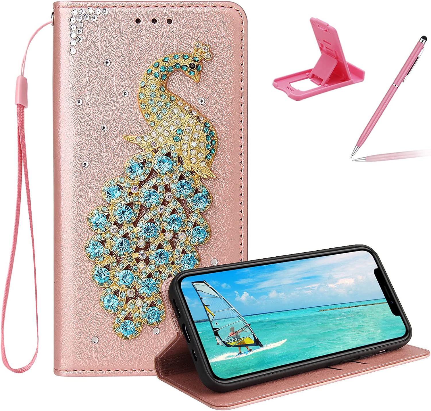 Rose Gold Leather Glitter Case for iPhone 11,Strap Wallet Cover for iPhone 11,Herzzer Stylish Diamond 3D Handmade Crystal Soft Silicone Stand Flip Case,Love Heart Flower : Sports & Outdoors