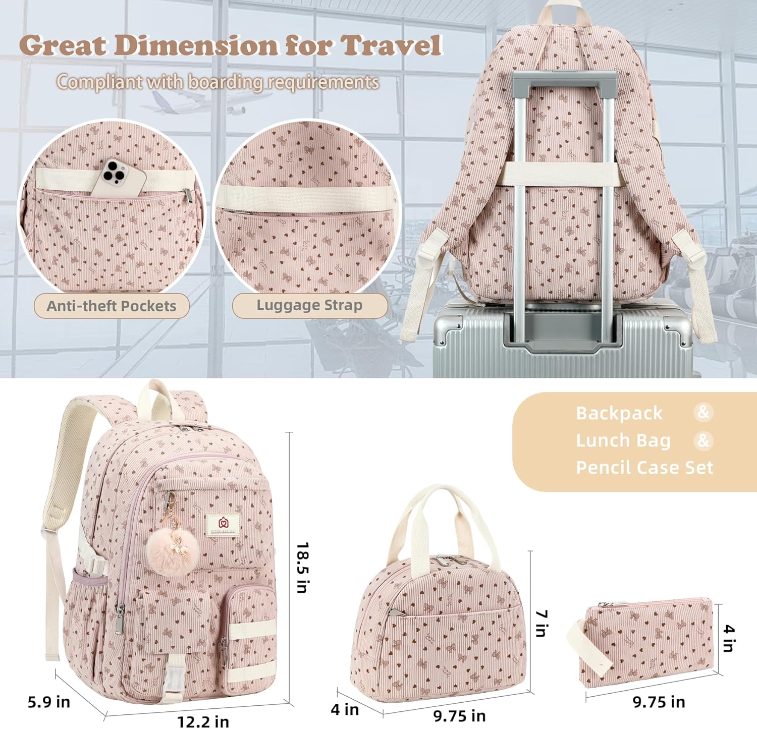 Hidds School Backpack with Lunch Box for Teens Girls Women 15.6 Inch Laptop College Backpacks with Lunch Bag Bookbag Set Corduroy Kids Elementary Middle High Bag Students Daypack - Pink Bowknot Set - Image 3