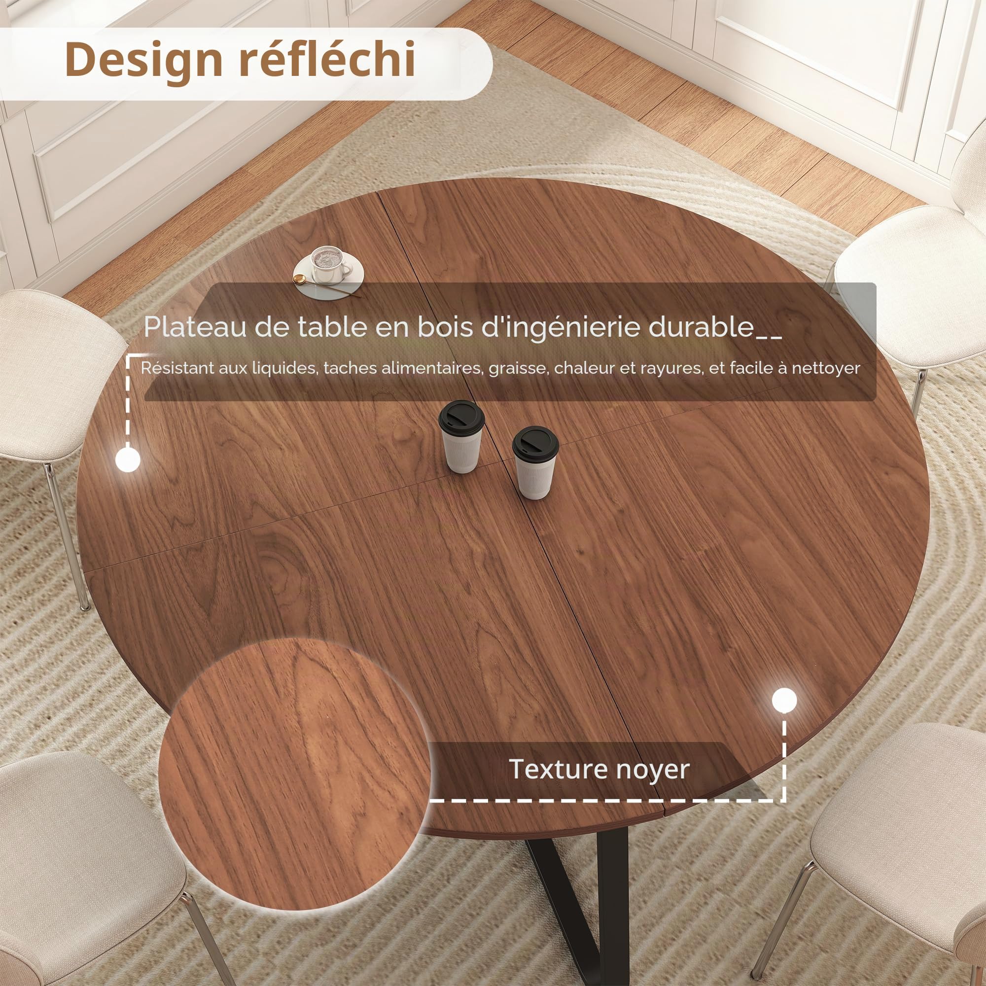 Table de salle à manger ronde 120 cm en bois marron noyer moderne pour cuisine, salon, salle à manger, terrasse, cour, café, bureau et autres endroits
