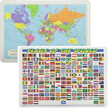 Painless Learning Educational Placemats World Map and World Flags Set Non Slip Washable
