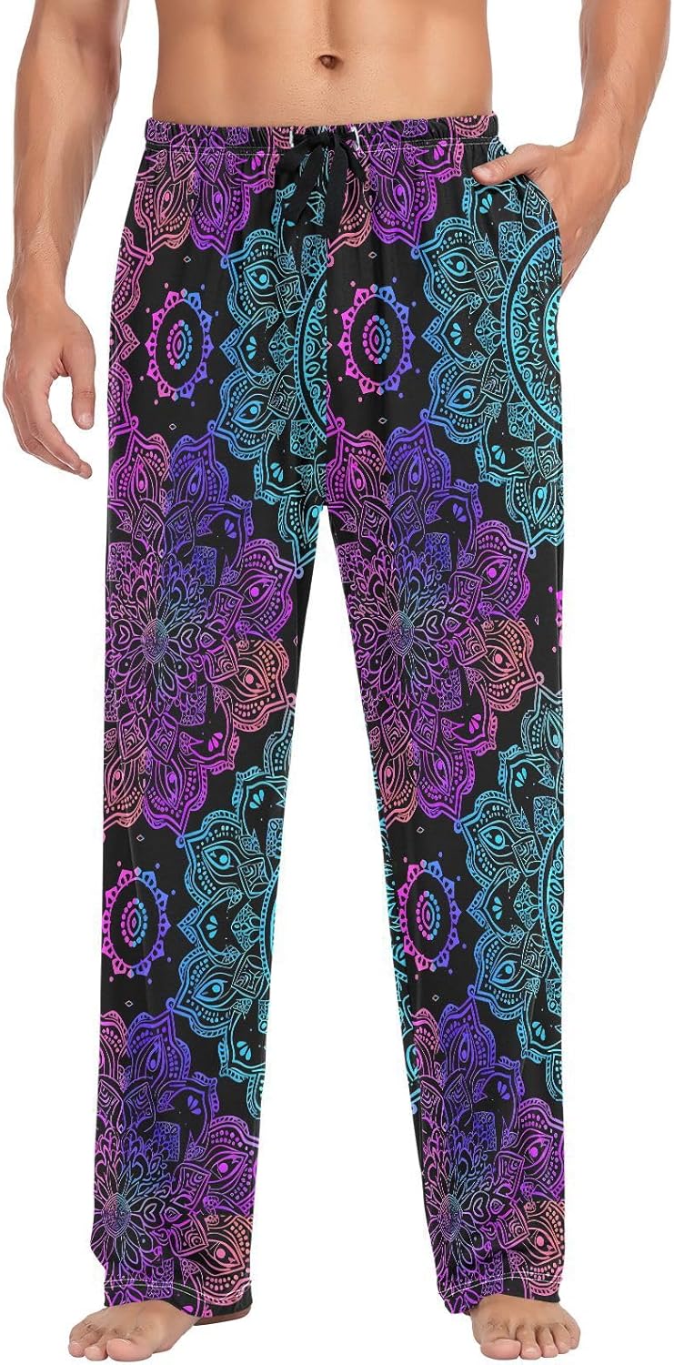 ALAZA Rainbow Mandala Flower Boho Men's Pajama Pants Men Cotton Pajama Bottoms with Pockets, S