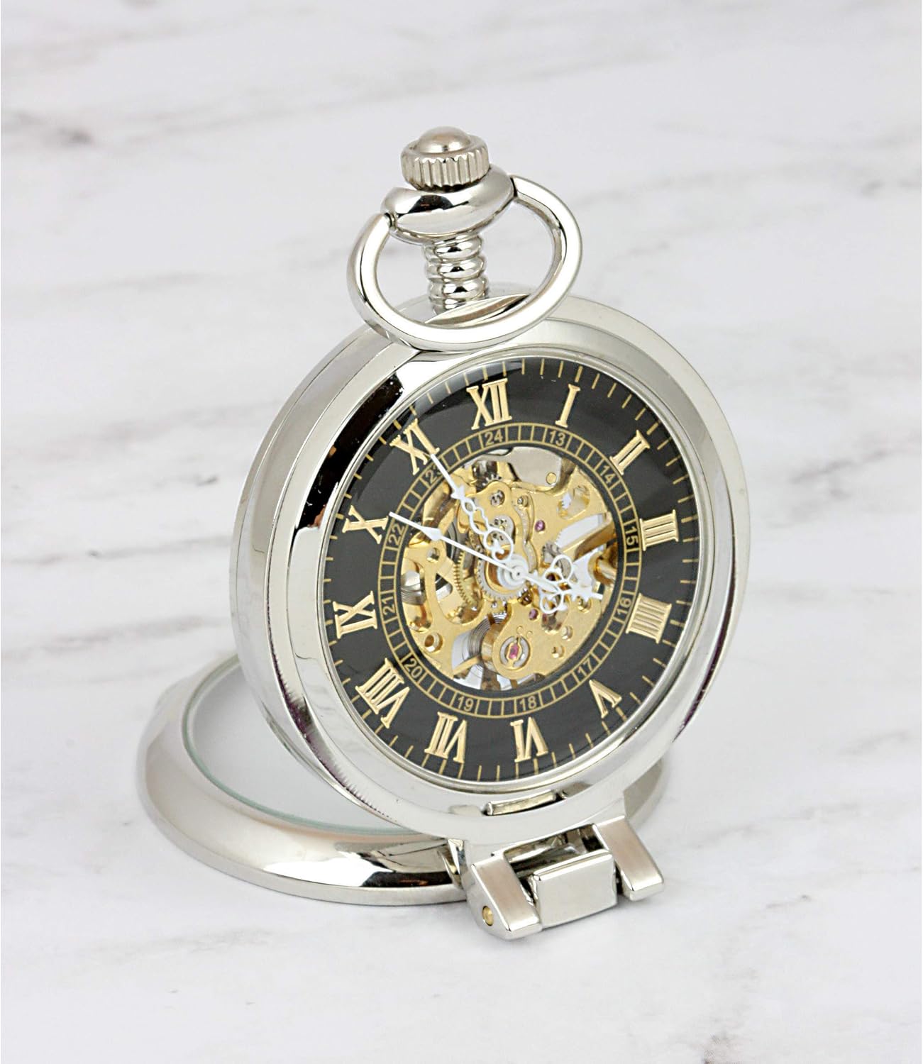 American Coin Treasures U.S. Coin Pocket Watch with Skeleton Movement | Silver Walking Liberty Half Dollar | Sweeping Second Hand, Magnifying Glass | Silvertone Case | Certificate of Authenticity
