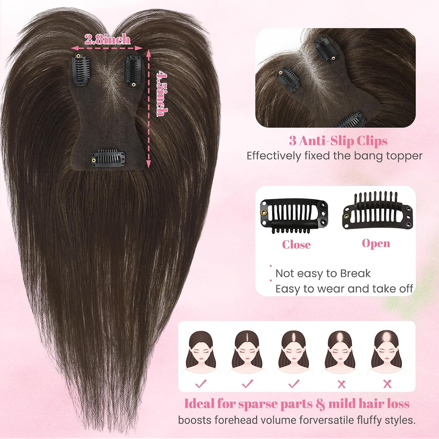 Hair Toppers for Women Real Human Hair, 10inch Clip in Bangs | Human hair,clip in bangs frame forehead,cover thinning hair,daily festival wear, invisible lace base 2.8x4.5in,heat resistant
