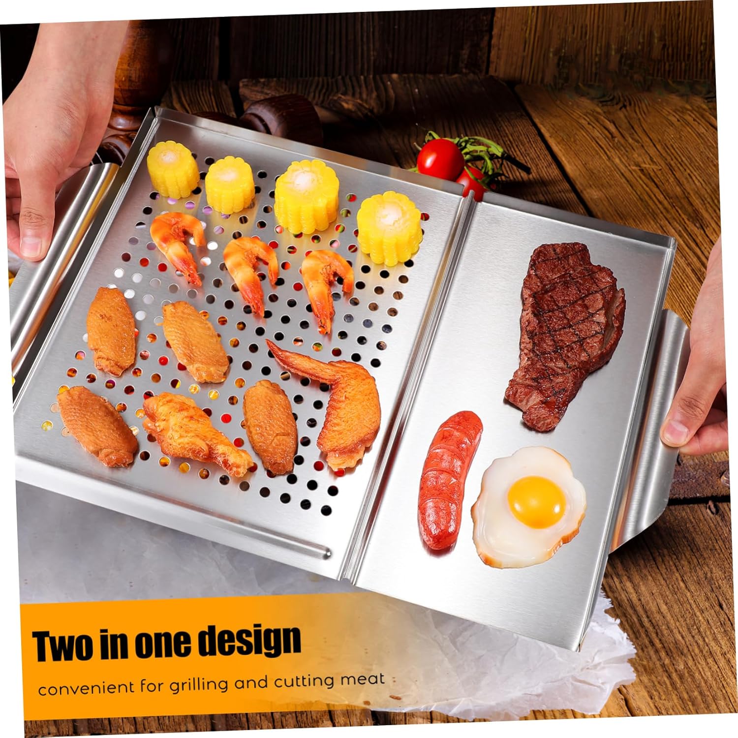 Mobestech 1Set Stainless Steel Grilling Tray with Food Tong Portable Barbecue Pan for Outdoor Cooking Double Sided Handles Easy Clean Design for Grilling Portions