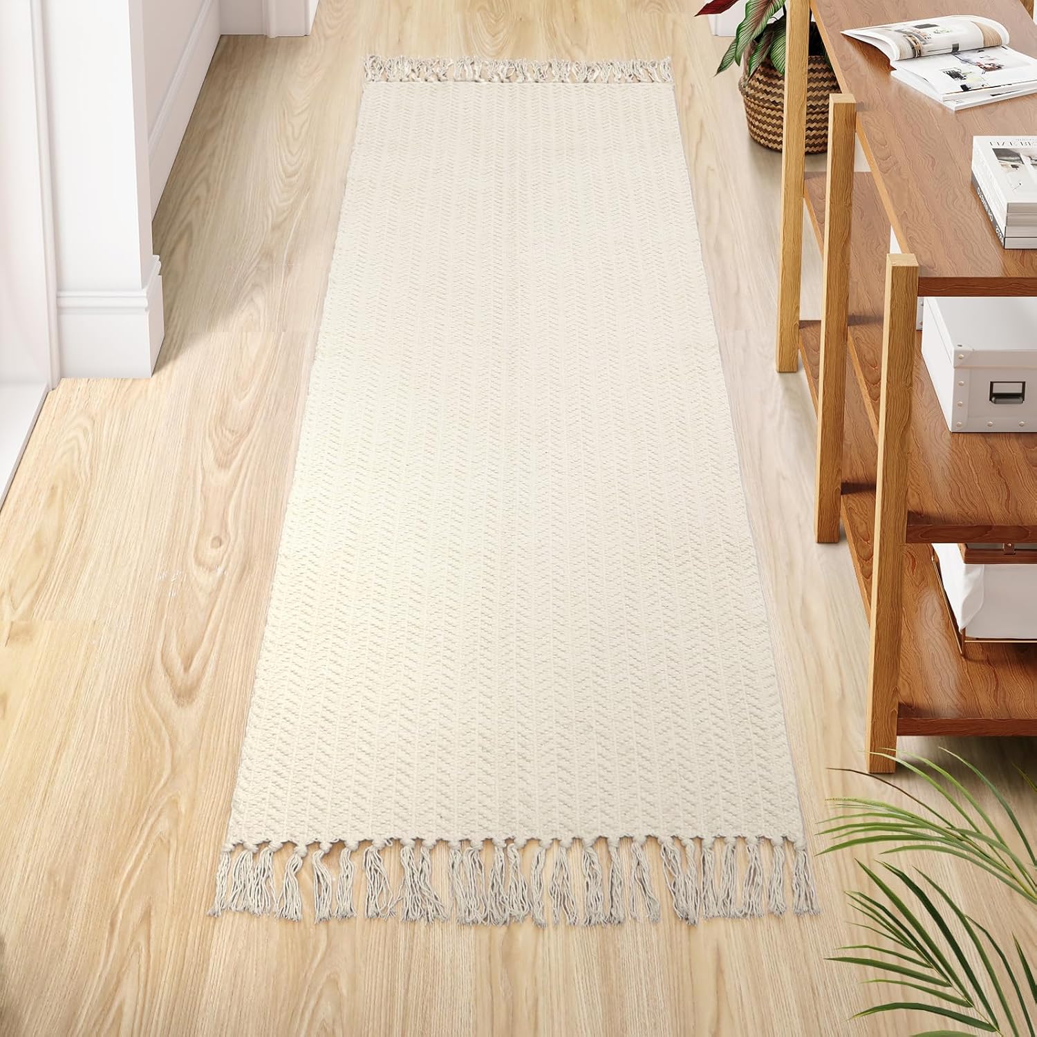 Lahome Boho Kitchen Runner, 2x6 Laundry Room Rug Lightweight Runners for Hallways Washable Runner Rug with Tassels, Farmhouse Cotton Beige Throw Rugs Non Shedding Carpet for Entryway Bathroom