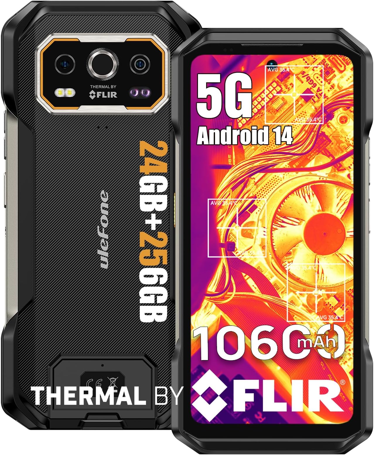 UlefoneArmor 27T Pro 5G Rugged Phone with Thermal Image Camera, MTK Dimensity 6300 5G, 24GB+256GB, 50MP+64MP+32MP, Android 14, 6.78”, 10600mAh/Wireless Charge, uSmart, GPS/NFC Unlocked Smartphone
