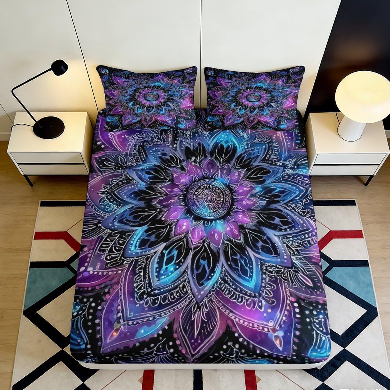 3D Printed Mandala Flower Fitted Sheet Microfiber Soft Breathable Mystic Lotus Bed Cover for Bedroom Guest Room Decor 180x200x25cm