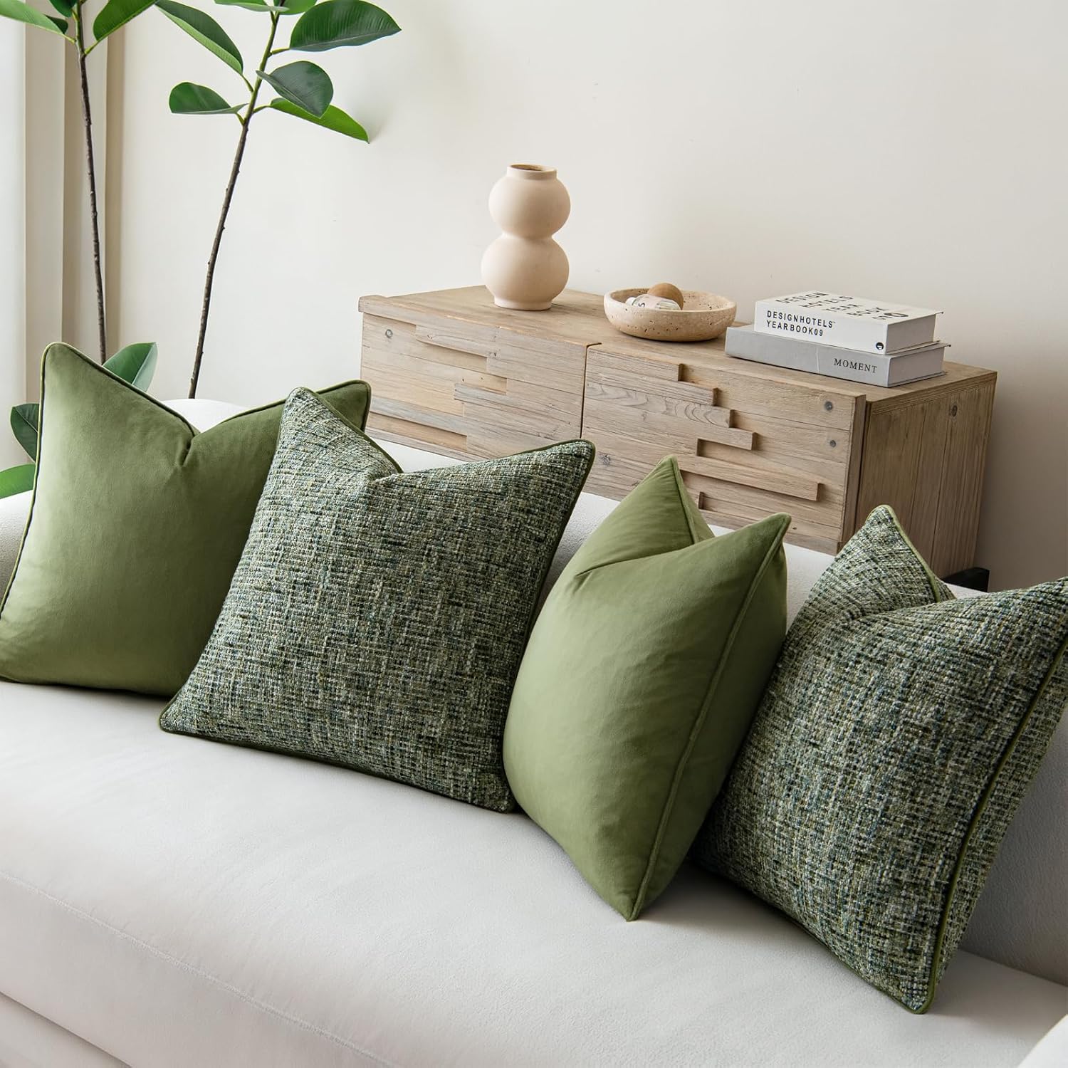 a moment Dark Green 4 Pack Throw Pillow Covers - Chenille & Velvet Set with Piping, Farmhouse Textured Design Cushion Cases for Couch Sofa Bed (18x18 Inch, No Insert) - Image 2