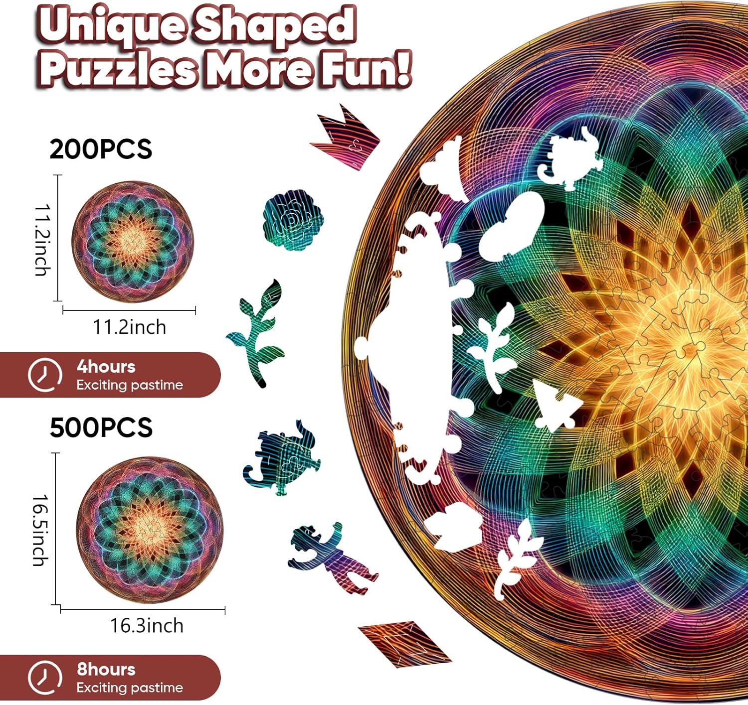 Leodozzio Mandala Wooden Jigsaw Puzzles for Adults, Wooden Puzzles 200 Pieces, 5MM Thick Unique Shaped Flower Puzzle, Birthday Gift Family Game, 11.2x11.2 Inch
