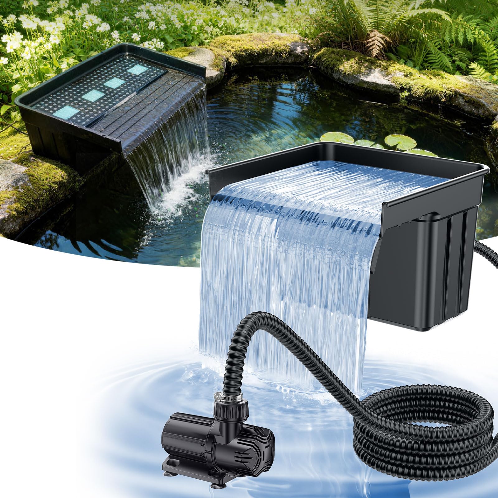 POPOSOAP Pond Waterfall with 42W DC 4600 L/H Pond Pump, 3m Corrugated Tubing, Filter Media, 43 cm Spillway for Large Outdoor Garden Pond Water Features