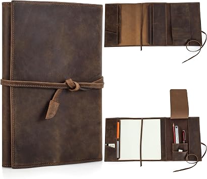 Top Grain Genuine Leather Travel Notebook Cover for Man & Woman, Handmade Vintage Design, Leather Refillable Journal Cover Fits A5 Size Notebook/Paper/Pen/Stationeries/Cards/Tickets, Coffee