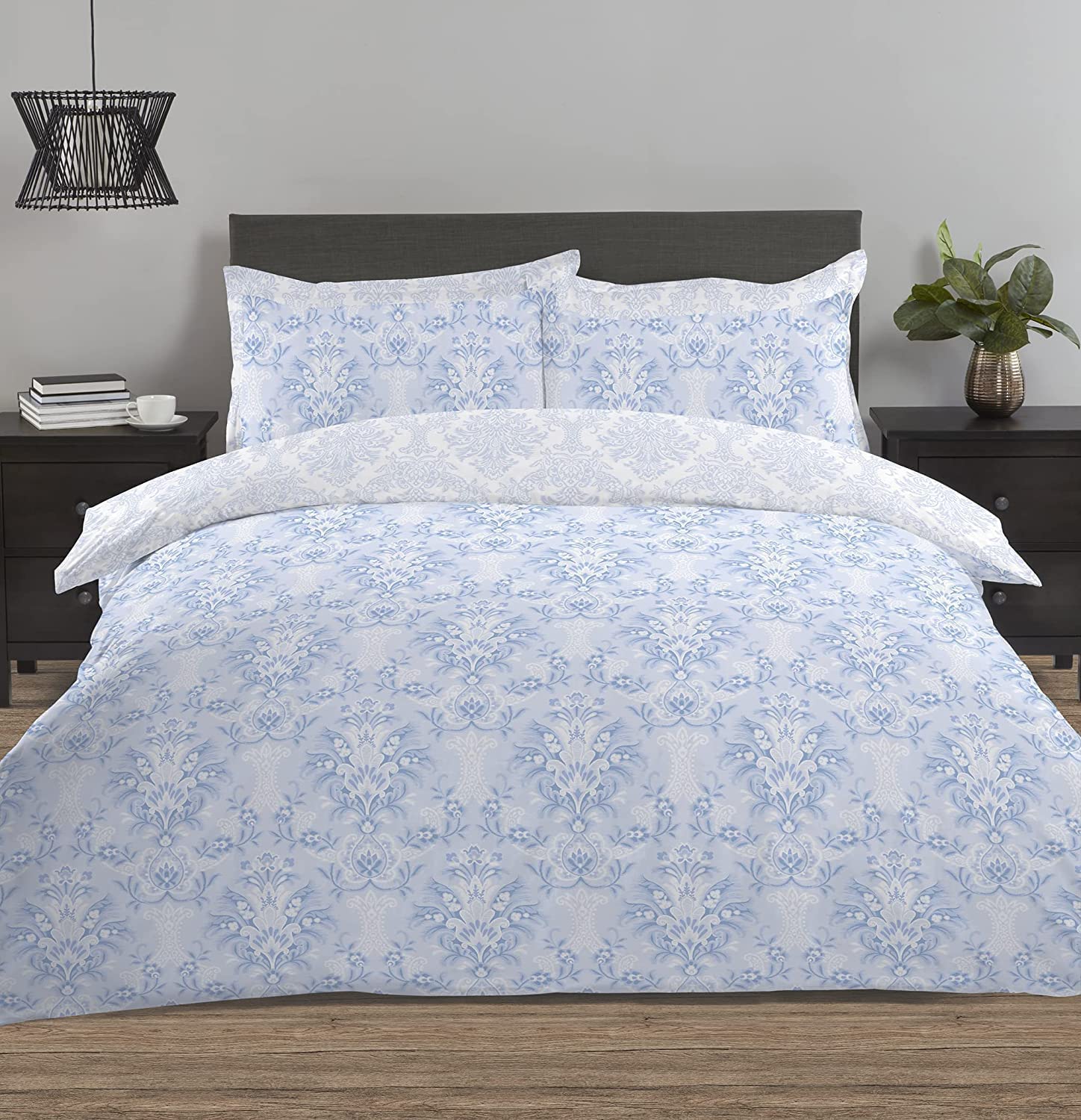 Night Comfort Damask-Blue Percale Duvet Cover Set With Pillowcase - Luxury Cotton Blend Reversible Bed Set Quilt And Pillow Cover (Blue Damask, Single)