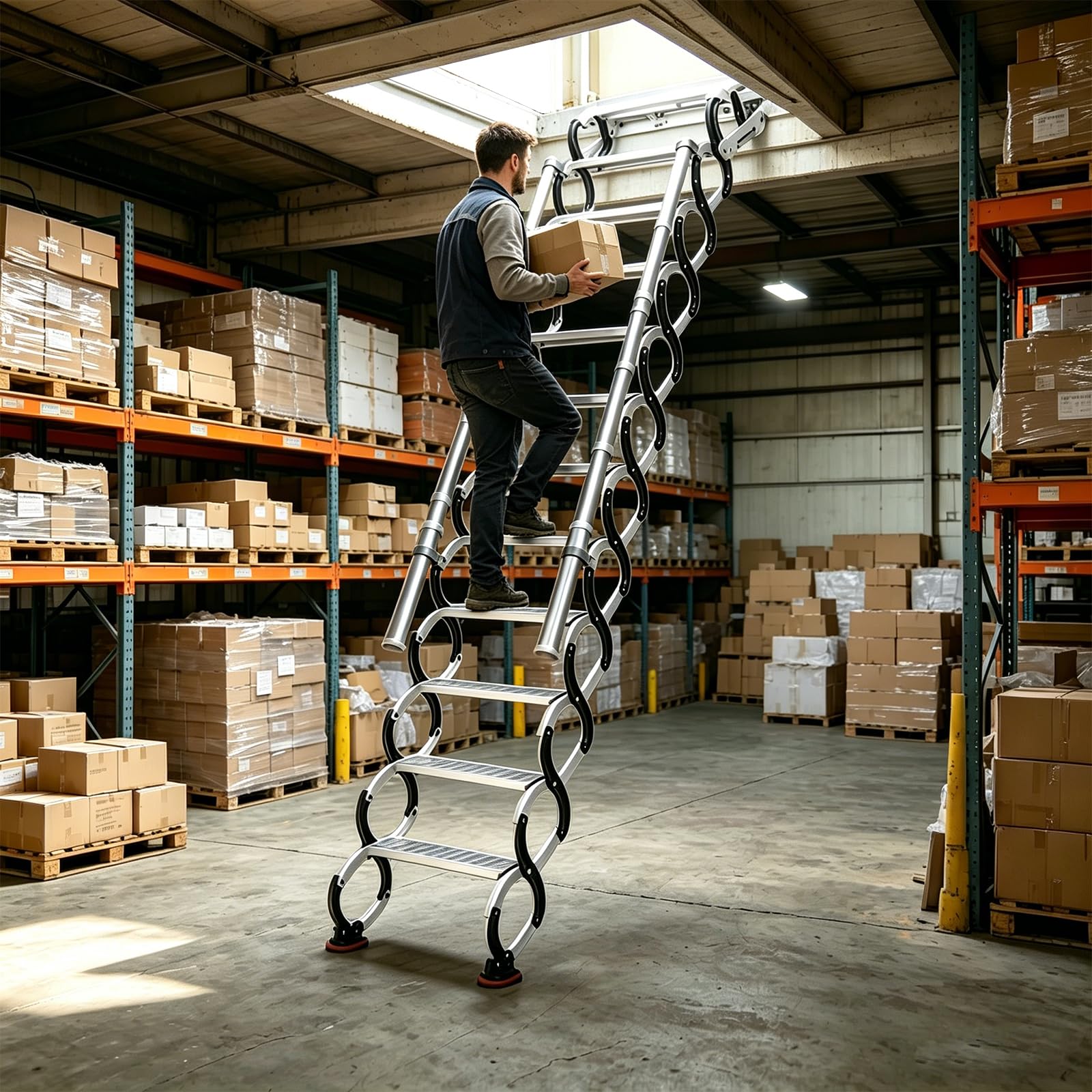 12 Stufen Wandmontierte Dachbodenleiter, Einziehbare mit 2 Handlauf Ausziehbare Klappleiter, Robustem Faltsystem, für Wohnzimmer, Büro, Schlafzimmer, Garage & Balkon (2.9-3.0m/9.5-10ft)