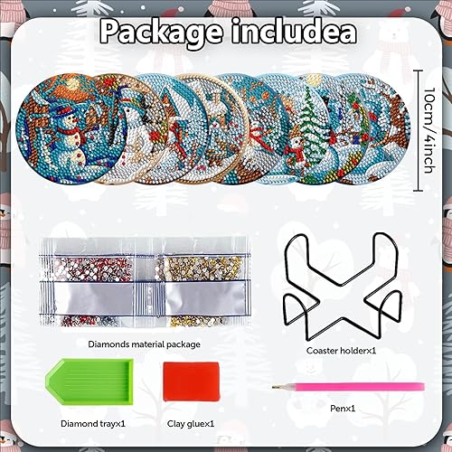 Miniatura 2 de 8 posavasos de pintura de diamante de muñeco de nieve de Navidad con soporte para bricolaje, lindo muñeco de nieve de Navidad, posavasos de
