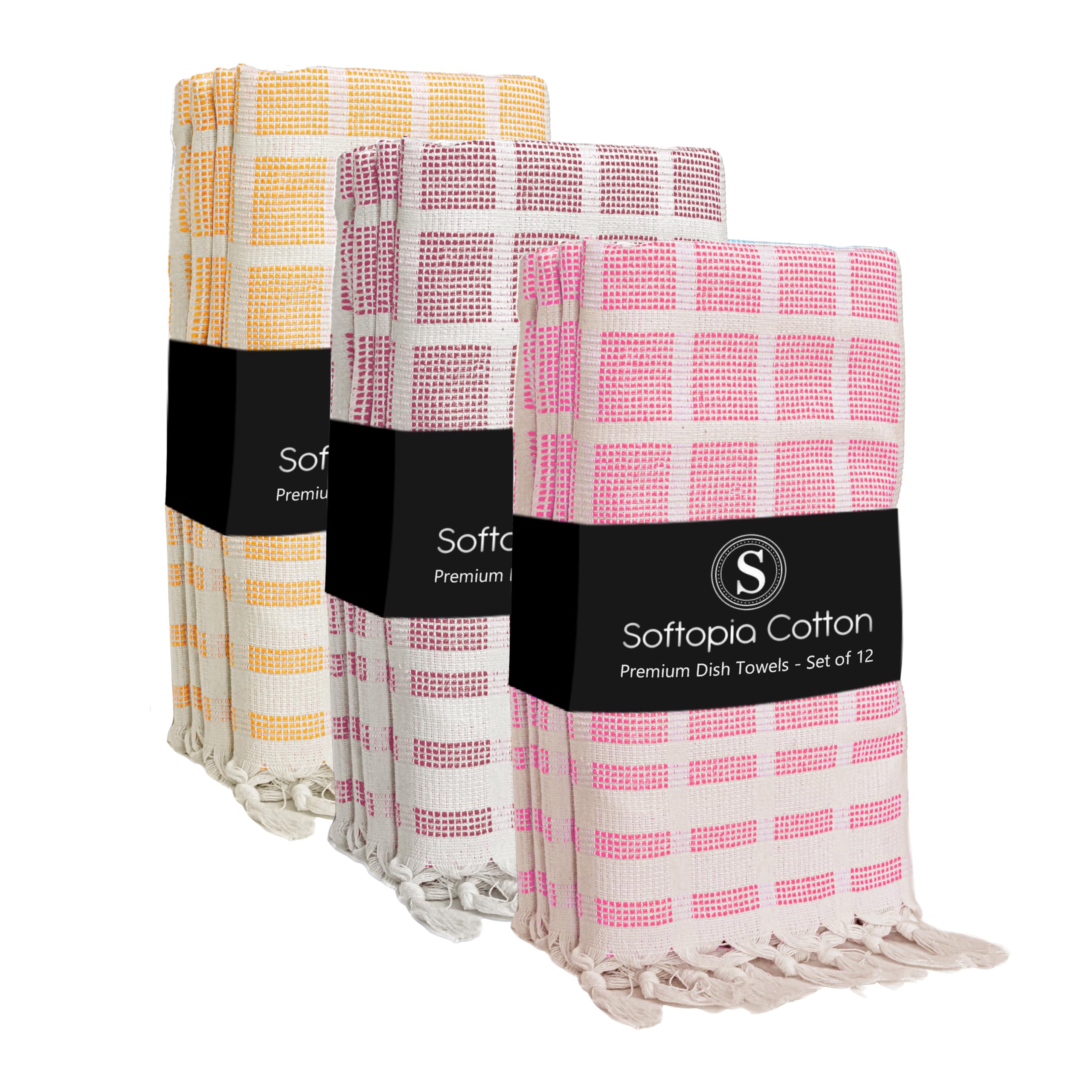 Matrix Dobby Kitchen Towels Set of 12, 100% Cotton, Combo Pack, 16"x26", Absorbent Tea Towels with Handmade Tassels, Reusable Cleaning Cloths - Rose Pink, Burgundy, Mustard Yellow