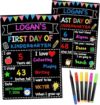 First Day of School Sign 14"x10" with Chalk Markers Double-Sided First and Last Day of School Board Reusable Wooden Colorful Chalkboard for Grades 1-12 Kindergarten Pre K Photography