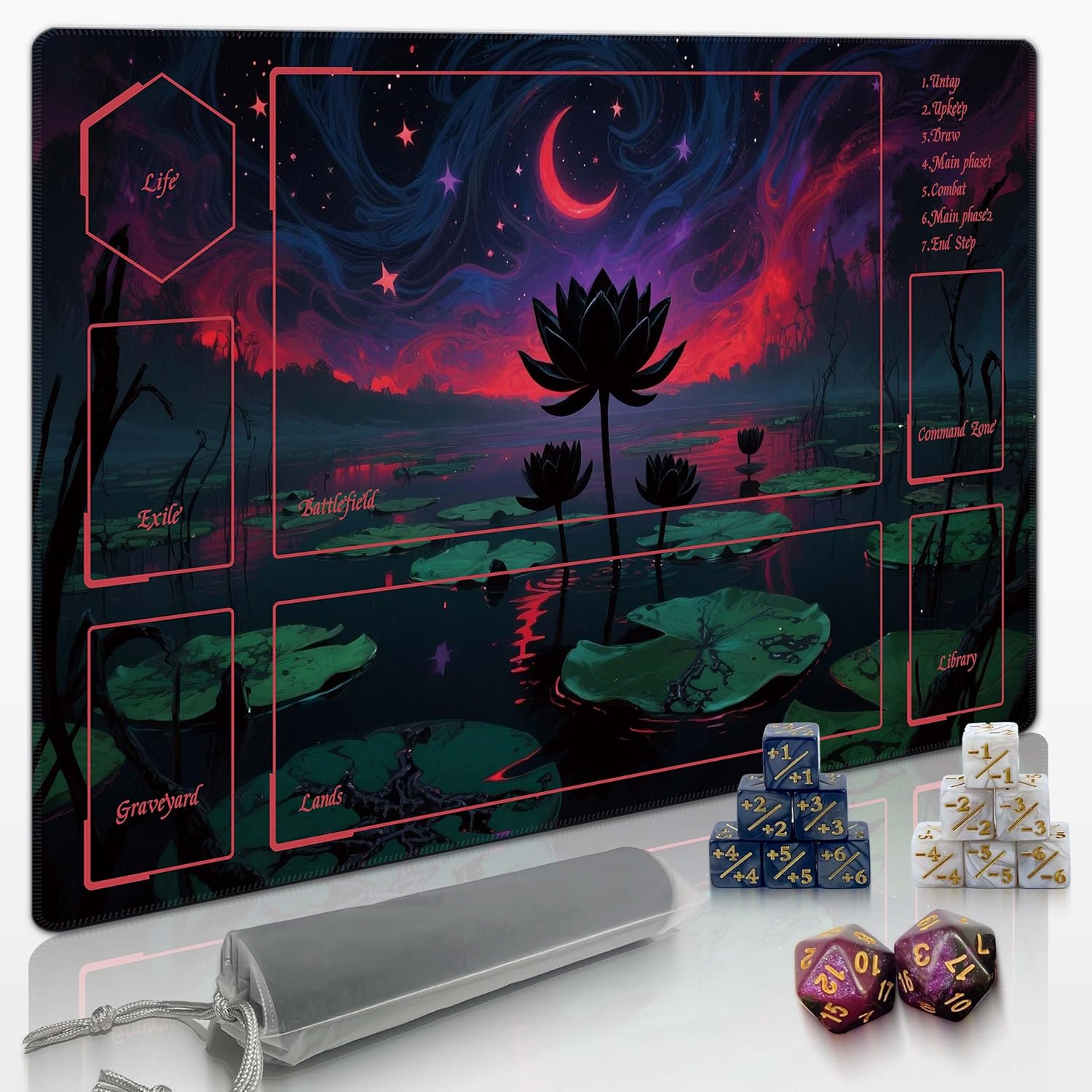 Playmat for MTG with Storage Tube & 16 Counter Dice - Waterproof TCG Mat with Stitched Edges, Non-Slip Card Game Mat (24"x14") (playmat with Zones, Street Art Necromancer)