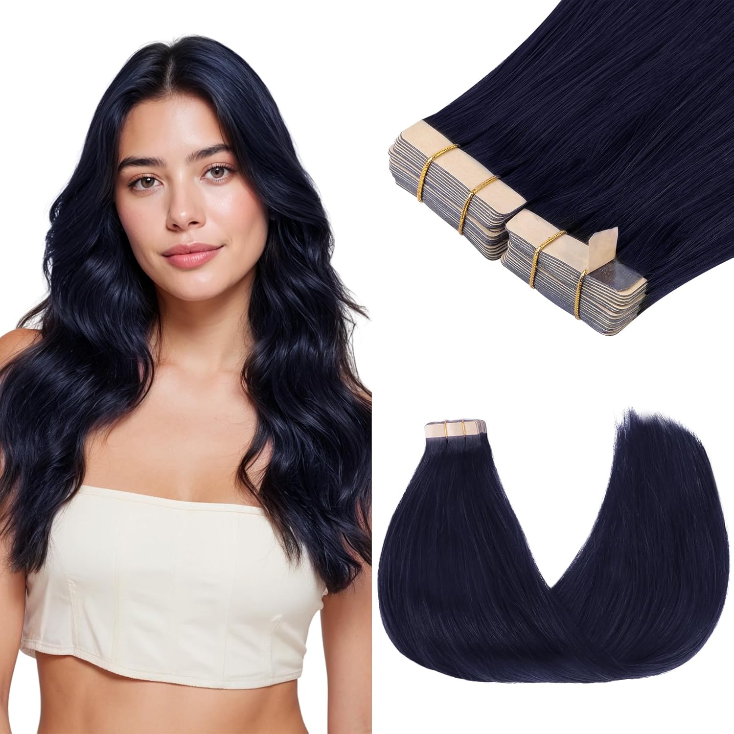 GOO GOO Tape in Hair Extensions Human Hair, 1G Midnight Black, 20inch 50g 20pcs, Skin Weft Seamless Invisible, Silky Straight with Thick Ends, Remy Human Hair