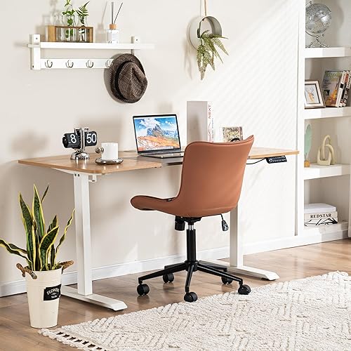 Miniatura 3 de YOUNIKE Silla de oficina giratoria sin brazos de cuero con ruedas, silla de computadora tapizada ajustable con respaldo reclinable y giratorio,